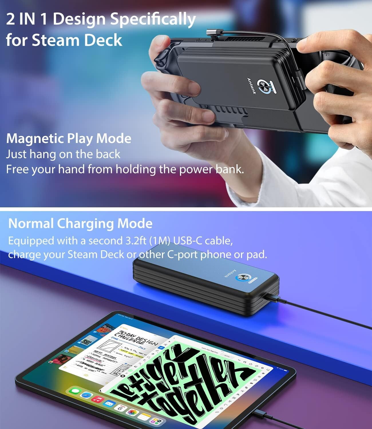SiWiQU 20000mAh Magnetic Power Bank for ROG Ally, 45W PD Fast 3.0 Charging Portable Battery Bank, External Battery Pack with Detachable Magnetic Back & Dual