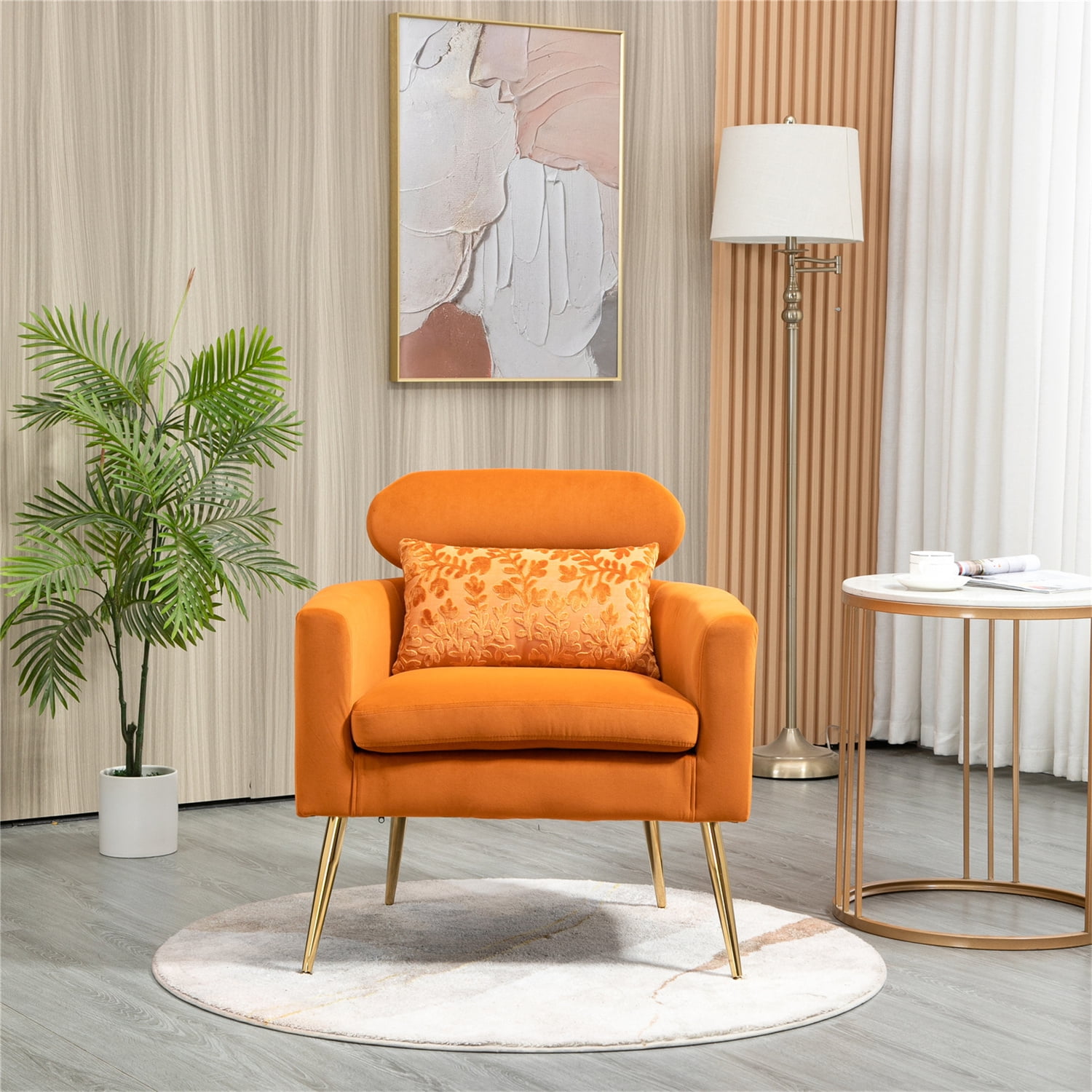 Modern Velvet Accent Chair with Armrest and Golden Feet, Comfy Leisure