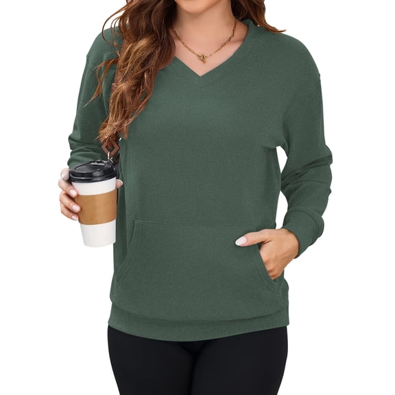 OutfitShow Womens Long Sleeve Sweatshirt Casual Fall V Neck Pullover Tops with Pockets,Sizes S-3XL