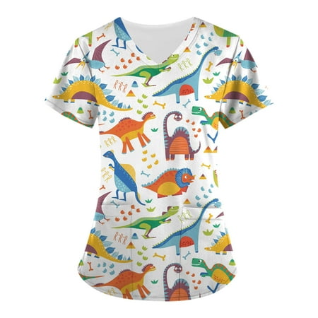 

DNDKILG Women V Neck Workwear Short Sleeve Scrubs Top Pockets Uniform Animal Print Plus Size Scrub Tops White 3XL
