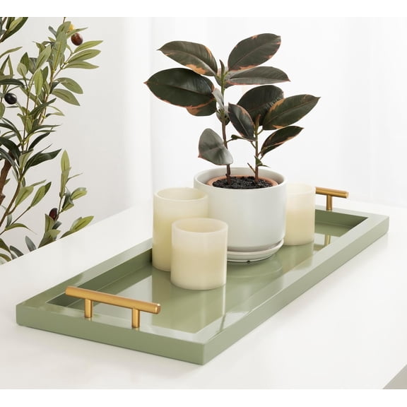 Halsey Rectangle Decorative Narrow Tray with Gold Metal Handles, 24 x 10, Green and Gold, Modern Glam Slim Serving Tray with Handles for Living Room Décor