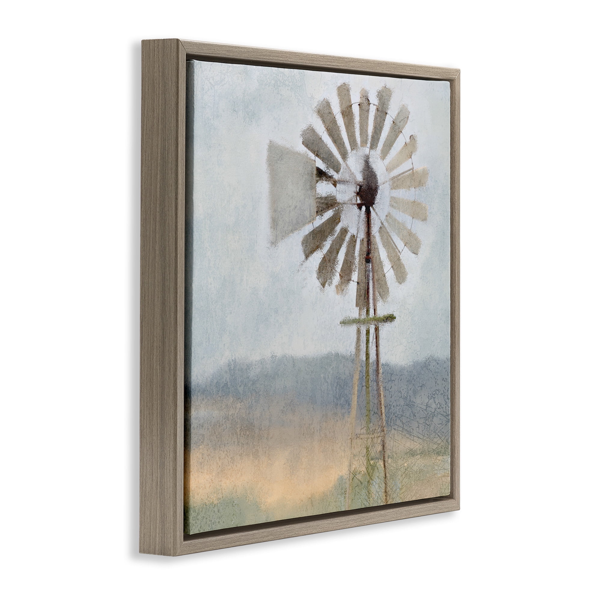 Stupell Industries Neutral Blue Windmill Breeze Landscape Painting Brown Floater Framed Canvas Art Print Wall Art, 18 x 18