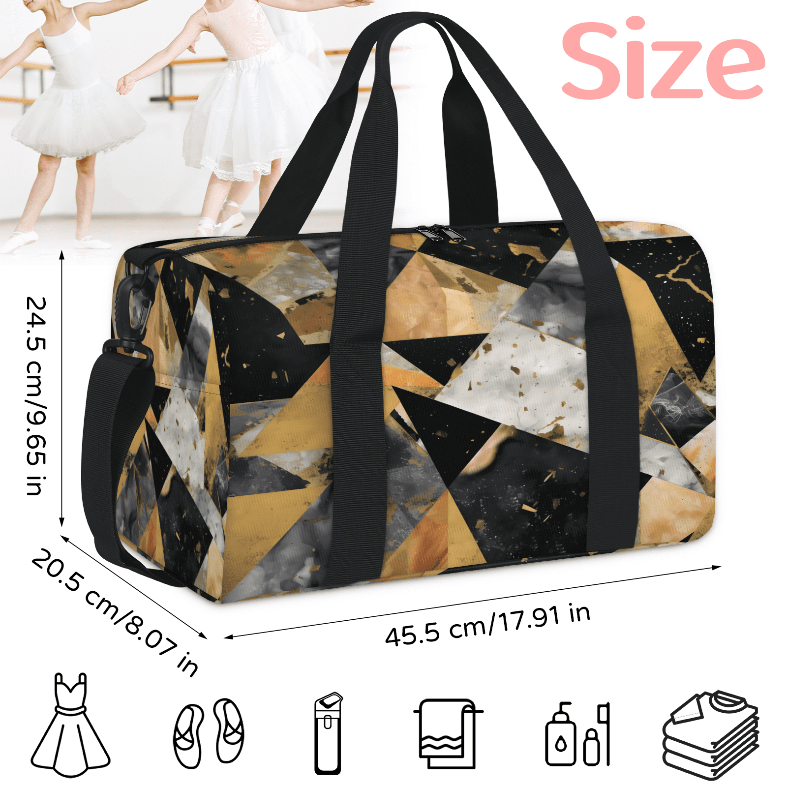 Herdesigns Black Gray Gold Marble Travel Duffle Bag Sports Yoga Weekender Overnight Carry on Workout Bags Lightweight Waterproof Gym Tote Bag for Women