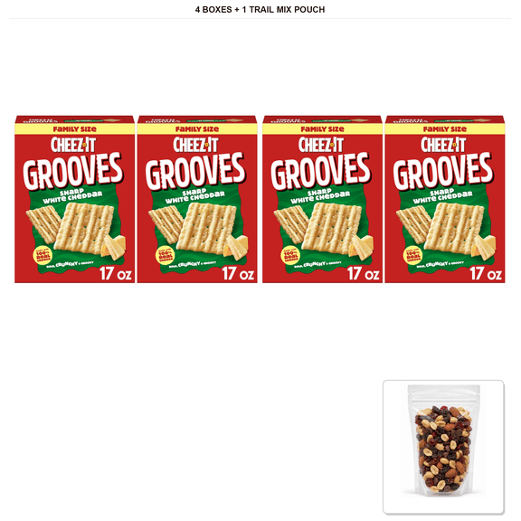 Cheez-It Grooves Cheese Crackers, Sharp White Cheddar, 4 Boxes x 17 oz with 1 Bybies Trail Mix Pouch, 2 oz