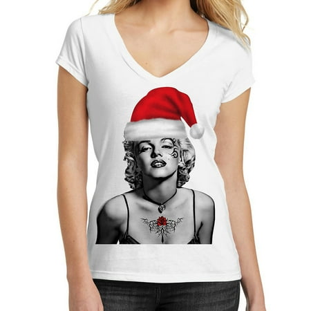 Marilyn Monroe Xmas Junior's Christmas Marilyn Monroe tattoo Tee B11 PLY White V-Neck T-Shirt Small ()