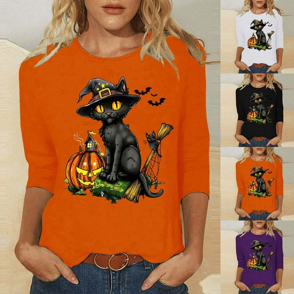 VKOYWKM Women Halloween Tops 3/4 Sleeve Fall Tops Black Cat Print T Shirts Party Top Loose Fit Crew Neck Three Quarter Length Blouse Tunic Tops