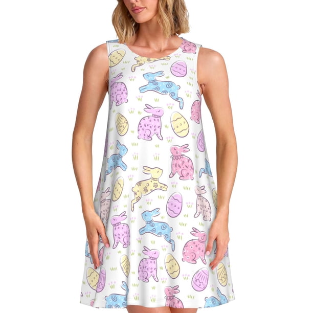 Fotbe Easter Colorful Rabbit Vestido de Verano sin Mangas para Mujer – Vestido Midi Línea A, Estilo Camiseta Floral, Vestido Playero Casual y Fluido
