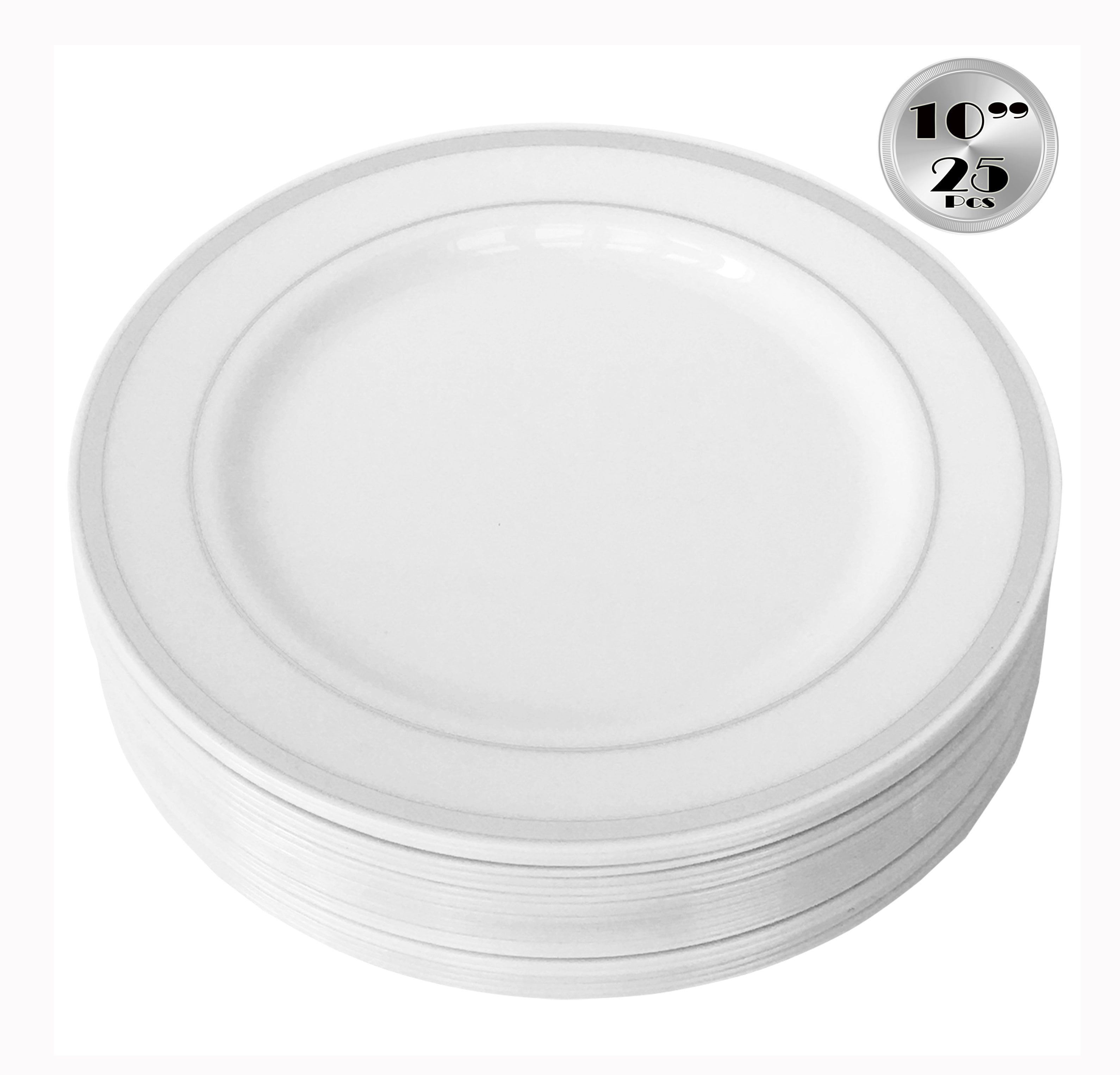 JL Prime 25 Piece 10 Inch Silver Plastic Dinner Plates Bulk Set, Heavy