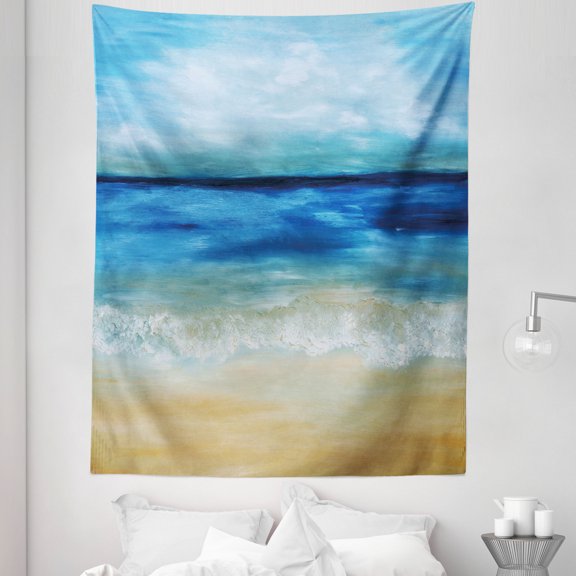Art Tapestry, Tropical Sandy Beach Pure Waves Tranquil Ocean Under Clouds Summer Scenery, Fabric Wall Hanging Decor for Bedroom Living Room Dorm, 5 Sizes, Navy Blue Pale Brown, by Ambesonne