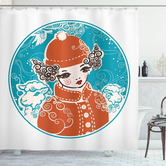 Girls Shower Curtain, Little Girl with Hairstyle Imitating Horns and Sheep in Round Frame, Fabric Bathroom Set with Hooks, 69W X 84L Inches Extra Long, Rust Sky Blue Seal Brown, by Ambesonne