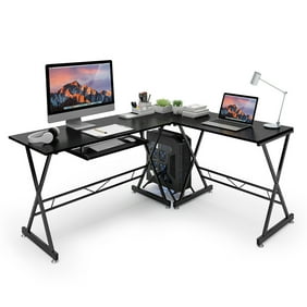 L Shaped Desk Office Computer Glass Corner Desk With Keyboard Tray