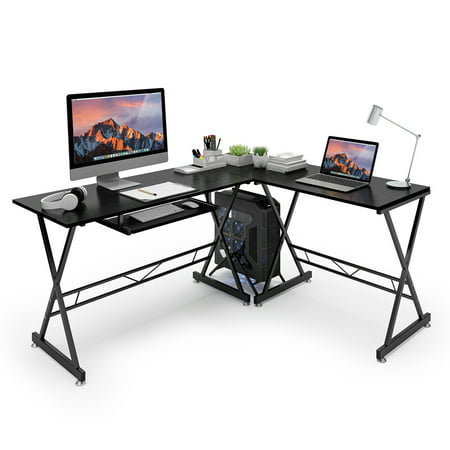 Ktaxon L-Shape Computer Desk Corner Desk, Black with Black Glass,PC Stalinite Glass Laptop Table Workstation