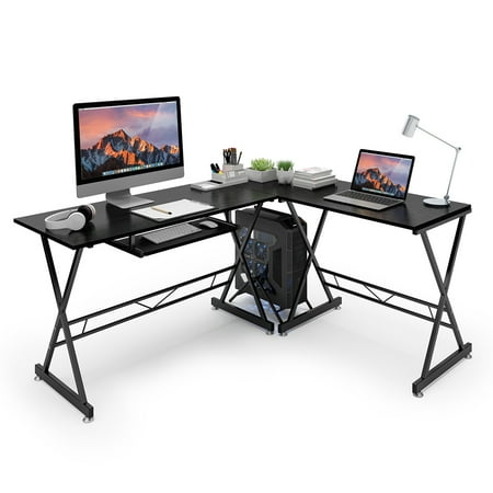 Ktaxon L Shape Computer Desk Corner Black With Glass Ktaxon L Shape Computer Desk Corner