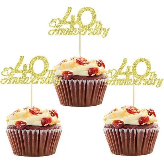 12pcs Gold Glitter 40th Anniversary CupCake Toppers - 40 Years Wedding Anniversary Happy 30th Birthday Cake Decorations for Cheers to Anniversary Party