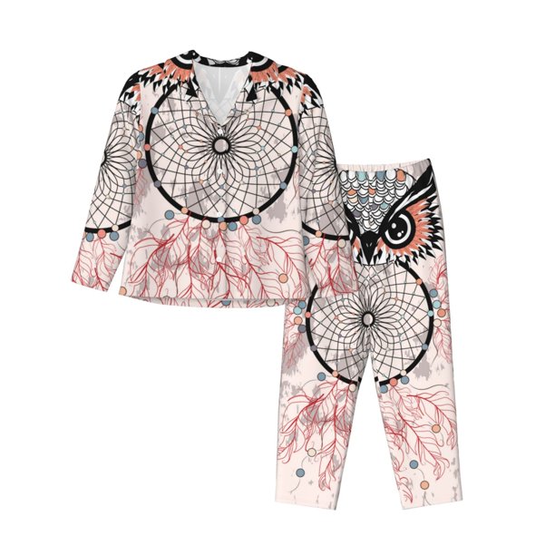Balery Dreamcatcher With Owl Conjunto de Pijama con Estampado para Mujer, Conjunto de Dos Piezas con Manga Larga, Ropa de Dormir Suave con Bolsillos, Pijamas Cómodos-Small