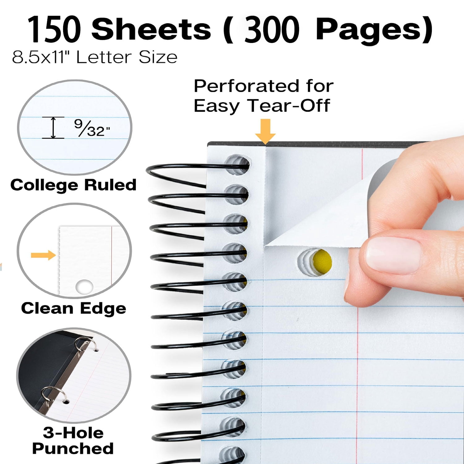 2Pcs 5 Subject Notebook College Ruled Spiral Notebook Journal with Removable Dividers Tabs 300 Pages 8.5"x11" 5 Pocket Colored Dividers, 3-Hole Punched Paper for Work Women Black