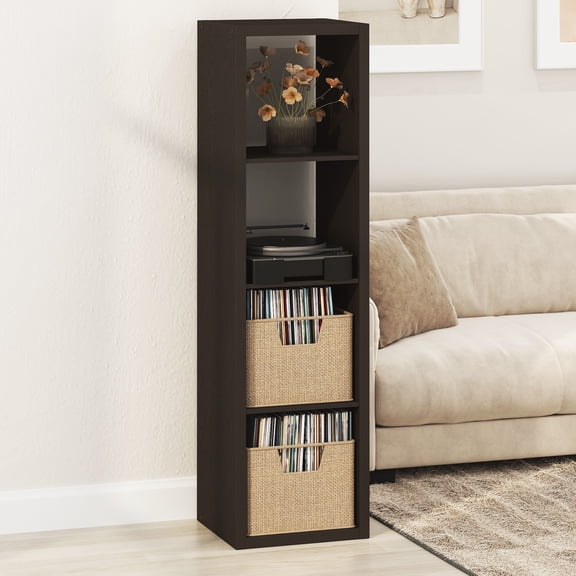 Furinno CUBICLE Vintage Vinyl Record Media Storage Organizer 4-Cube Dark Oak