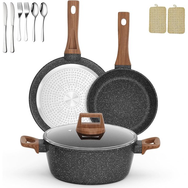 Juego de Sartenes Antiadherentes y Olla de Cocina, Batería de Cocina, 2 Sartenes y 1 Olla, Blanco - Perfecto para Cocinas Familiares (Negro)