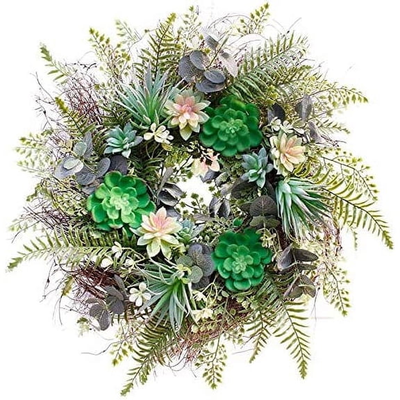 22 Inch Artificial Succulent Wreath: Green Fern Plants Wreath for Spring, Summer, and All , Indoor and Outdoor Use