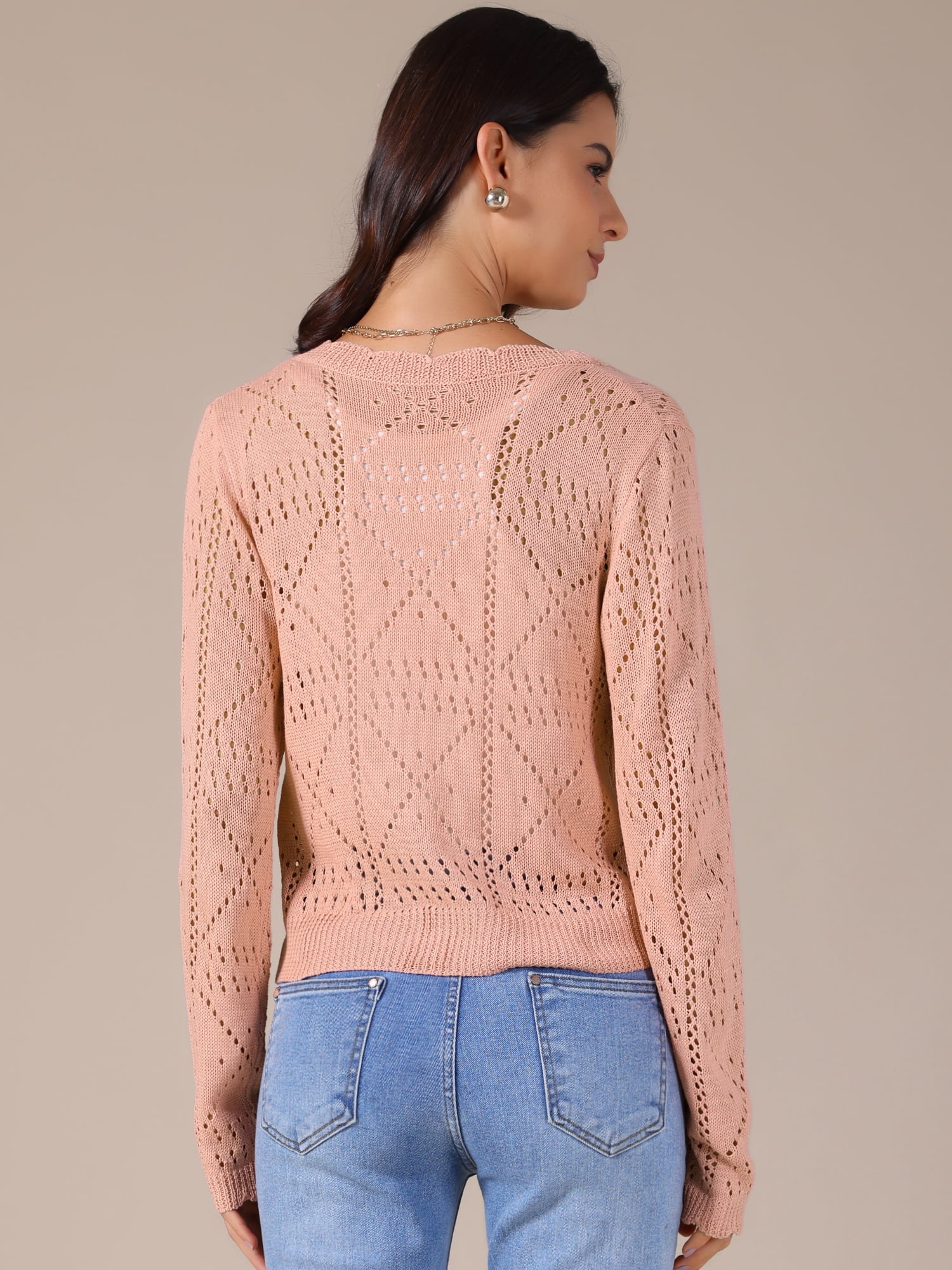 DARING DIVA Women's Long Sleeve Cropped Knit Button Up Crochet Cardigan S Peach Pink