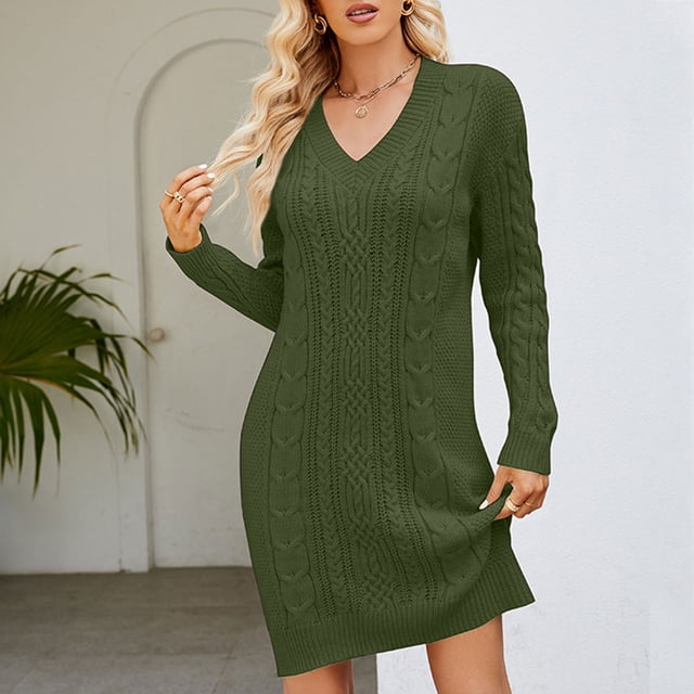 Fankiway Liquidation Robes à Manches Longues Mode Féminine Bas Fleur Torsadé Col en V Longue Robe Tricotée Robes pour Femmes Grande Taille Liquidation