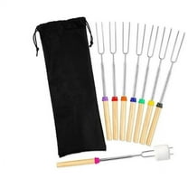 Extendable Marshmallow Roasting Sticks - Set of 8 Telescoping Smores Skewers & Hot Dog Forks with Wooden Handle For Fire Pit Campfire - 32 inch Stainless Steel BBQ Kit For Outdoor Camping