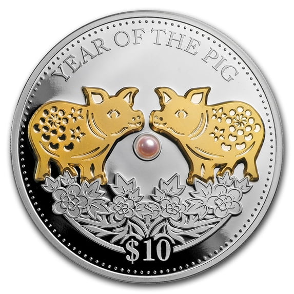 2019 Fiji 1 oz Silver Year of the Pig Proof (Gold Gilded w/Pearl)