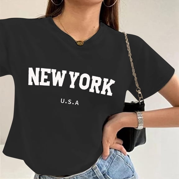 Tshirts Shirts for Women Crop Top Short Sleeve Printed Summer Womens Summer Tops Black L