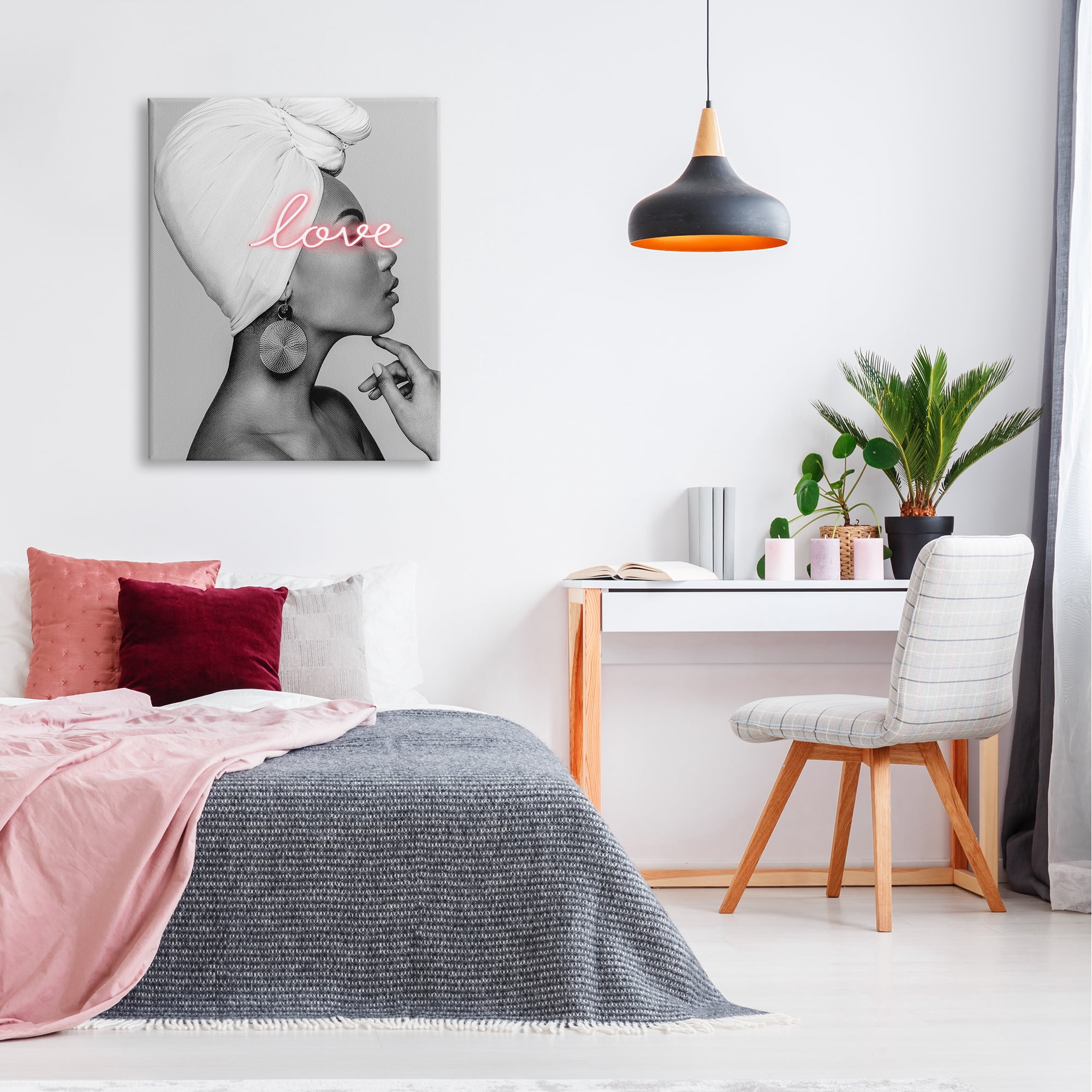 Stupell Industries Woman Portrait Pink Love Phrase Typography Painting Gallery Wrapped Canvas Print Wall Art, 30 x 40