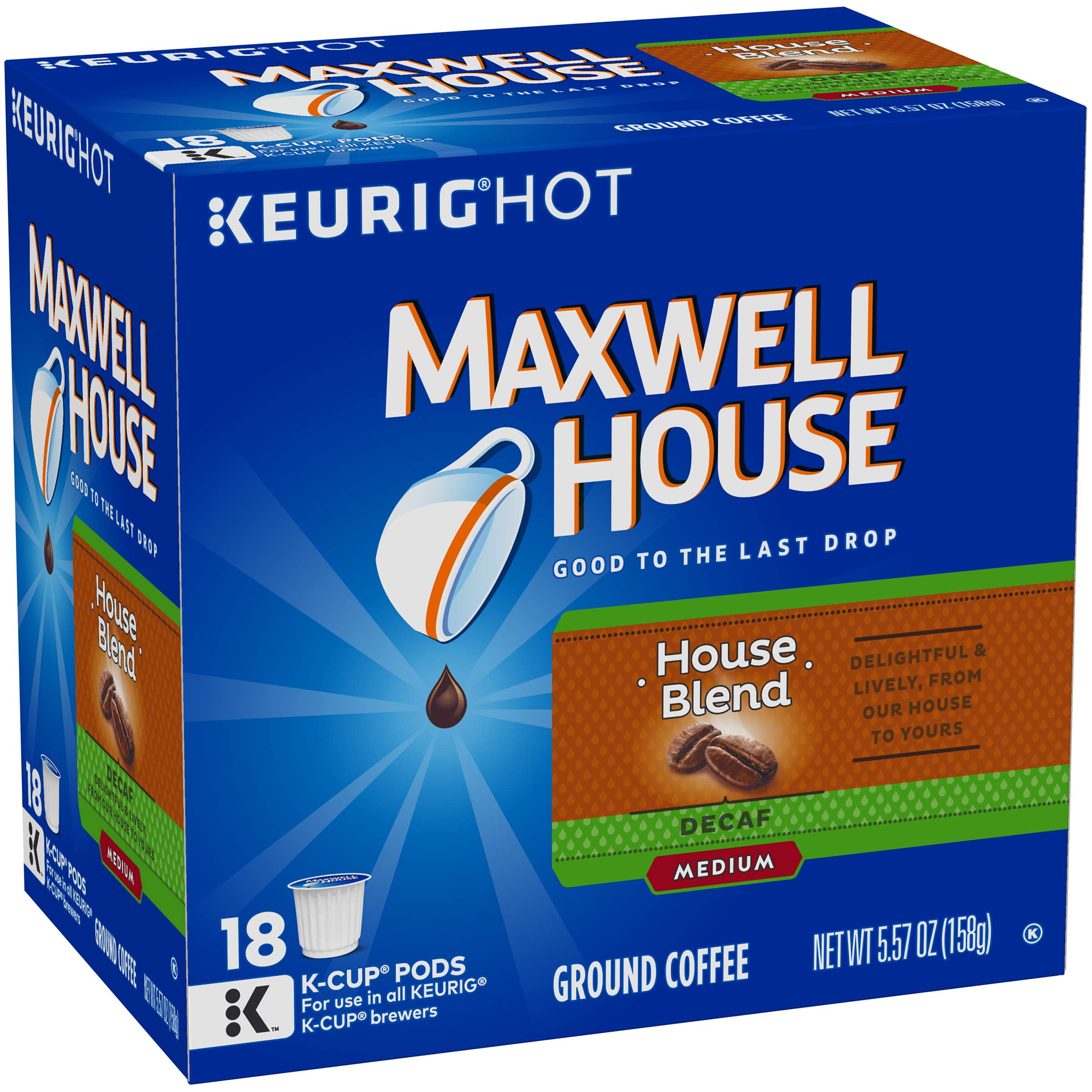 Maxwell House Decaf House Blend Medium Roast K-Cup Coffee Pods (18 Pods).