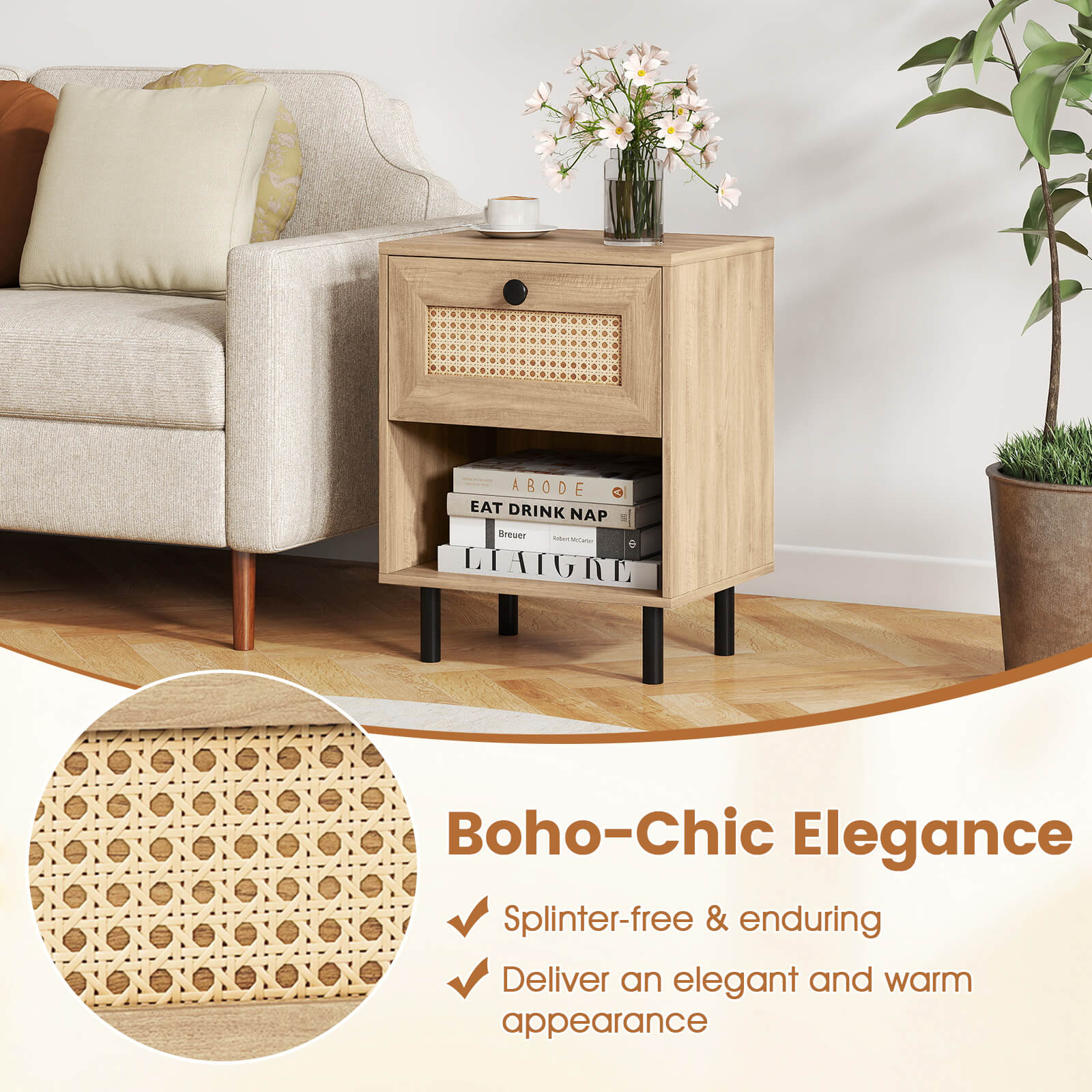 Costway 2 PCS Rattan Nightstand Boho End Table with Drawer & Open Shelf for Living Room Natural