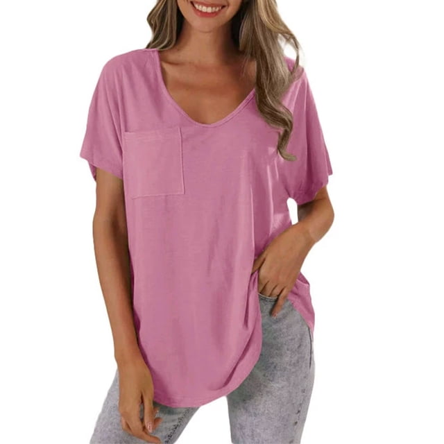 Yubnlvae T-Shirt Décontracté à Poche à Manches Courtes pour Femmes, T-Shirt Décontracté à la Mode pour Femmes Uni avec Poche, Liquidation! Uni, Col Rond, Rose, m