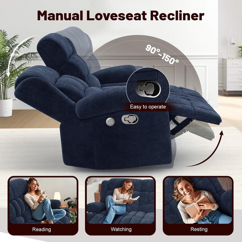 ODUMDUM Loveseat Recliner Sofa, Fabric Manual Pull Tab Reclining Loveseat with USB Charge Ports, Cup Holders, Recliner Love Seat Couches for Living Room, RV, Blue