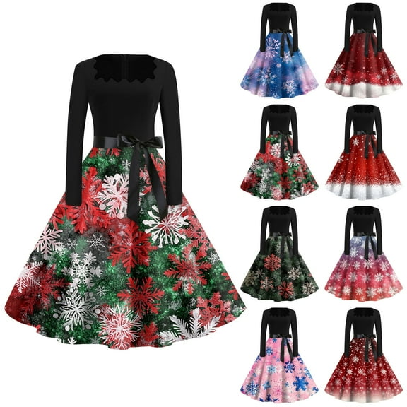 Christmas Dresses for Women Women's Fashion Round Neck Casual Slim Christmas Printed Long Sleeve Dresses with Square Collar for Christmas Party,Army Green,L