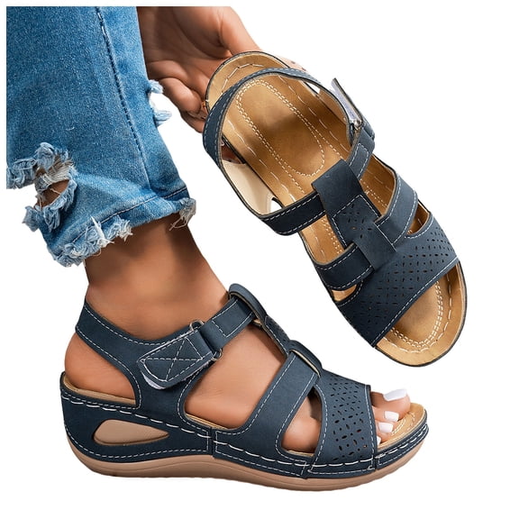 Womens Wedge Sandals Retro Splice Leather Open Toe Comfortable Walking Shoes Ankle Strap Casual Slip on Summer Footwear Blue Size 7