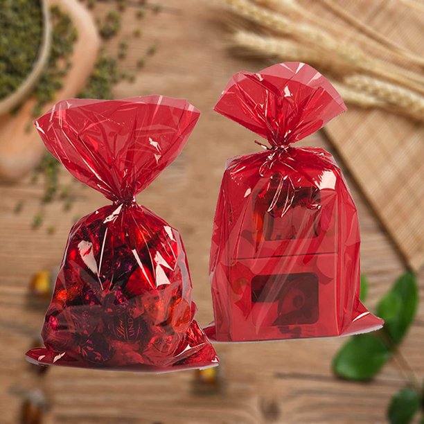 Clear Cellophane Treat Bags Cello Cookie Candy Plastic Bag, red 6x9