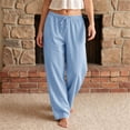 thumbnail image 2 of Domzest Striped Pants for Women Drawstring Elastic High Waist Wide Leg Linen Blend Trousers Casual Comfy Palazzo Pants with Pockets Light Blue XXL, 2 of 5