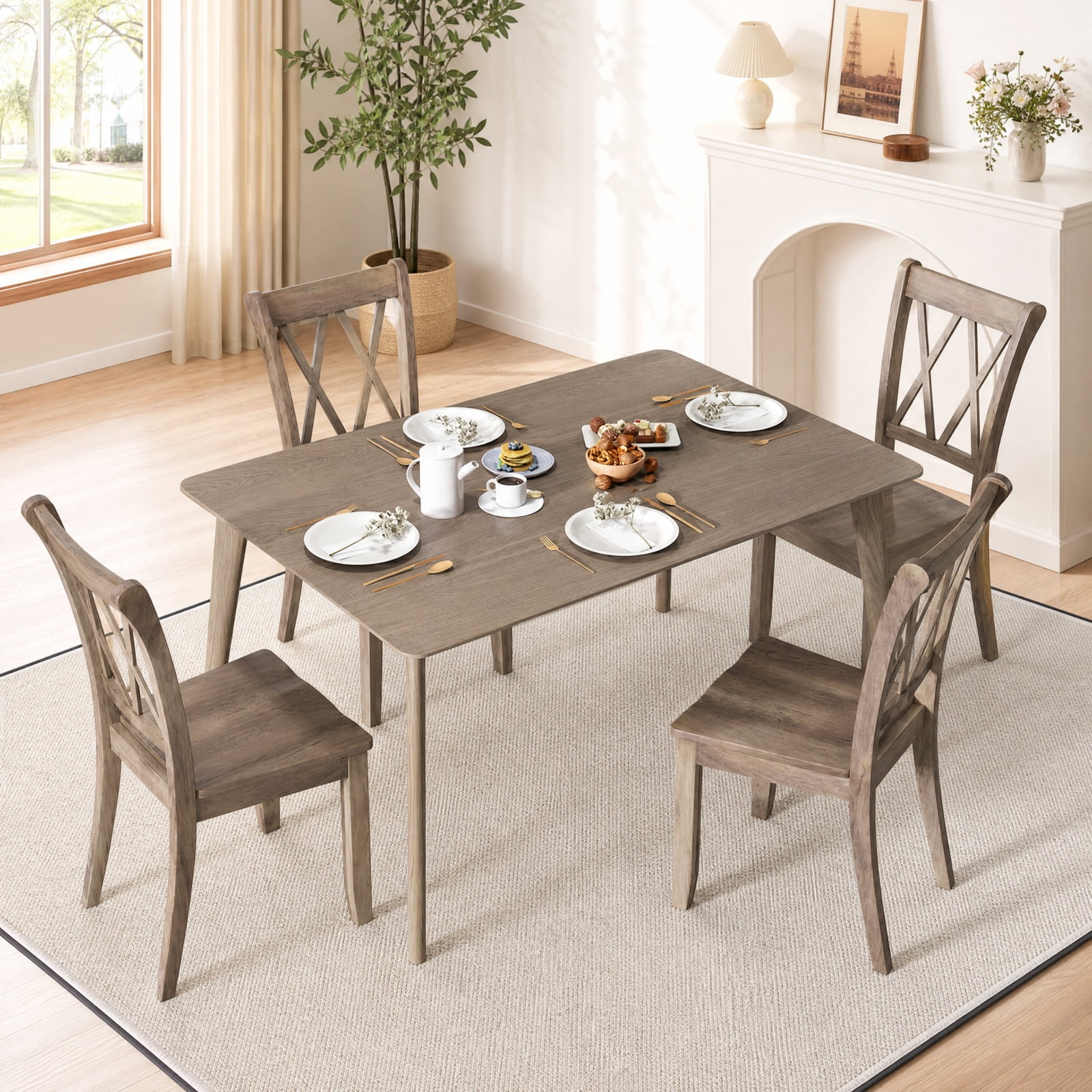 Furnibear Mid Century Wooden Dining Chairs Set of 2 with High Backrest and Solid Rubber Wood Frame for Farmhouse Kitchen, Brown