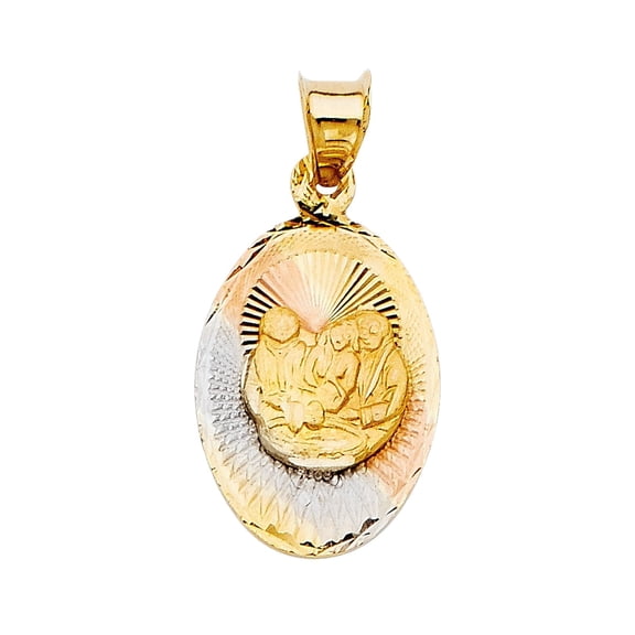 14K Tri-Color Solid Gold Diamond Cut Baptism Stamp Religious Charm Pendant for Men Women