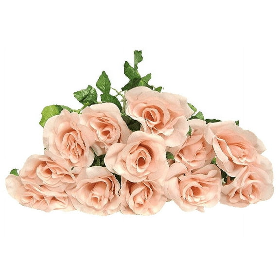Blush Pink Champagne Garden Rose 24in Artificial Polysilk Faux Fake Flower Long Stem for Craft Home Outdoor Bouquet Arrangement Ceremony Wedding Arch Floral Wall Aisle Decor (Beige, Set of 2 Dozen)