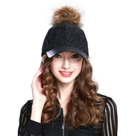 Herringbone Wool Blend Baseball Caps with Faux Fur Pompom