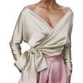 thumbnail image 1 of Blusa elegante con cuello en V y cinturón para mujer - Color liso, poliéster, para salidas informales o formales en otoño, 1 of 5