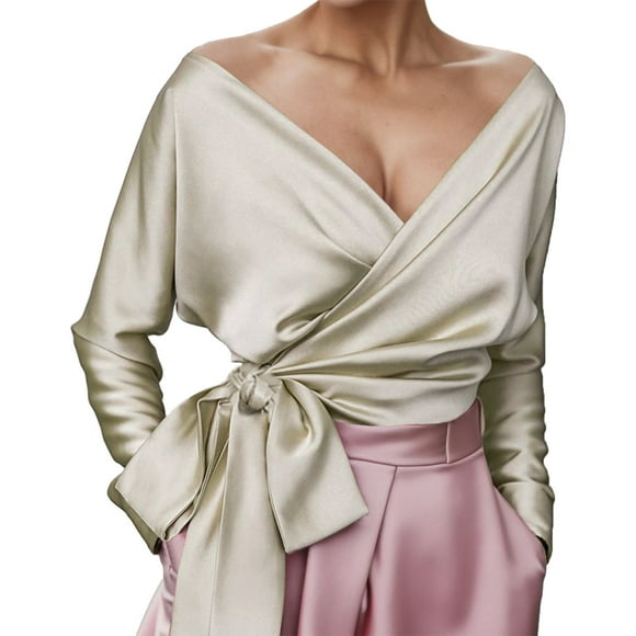 Blusa elegante con cuello en V y cinturón para mujer - Color liso, poliéster, para salidas informales o formales en otoño