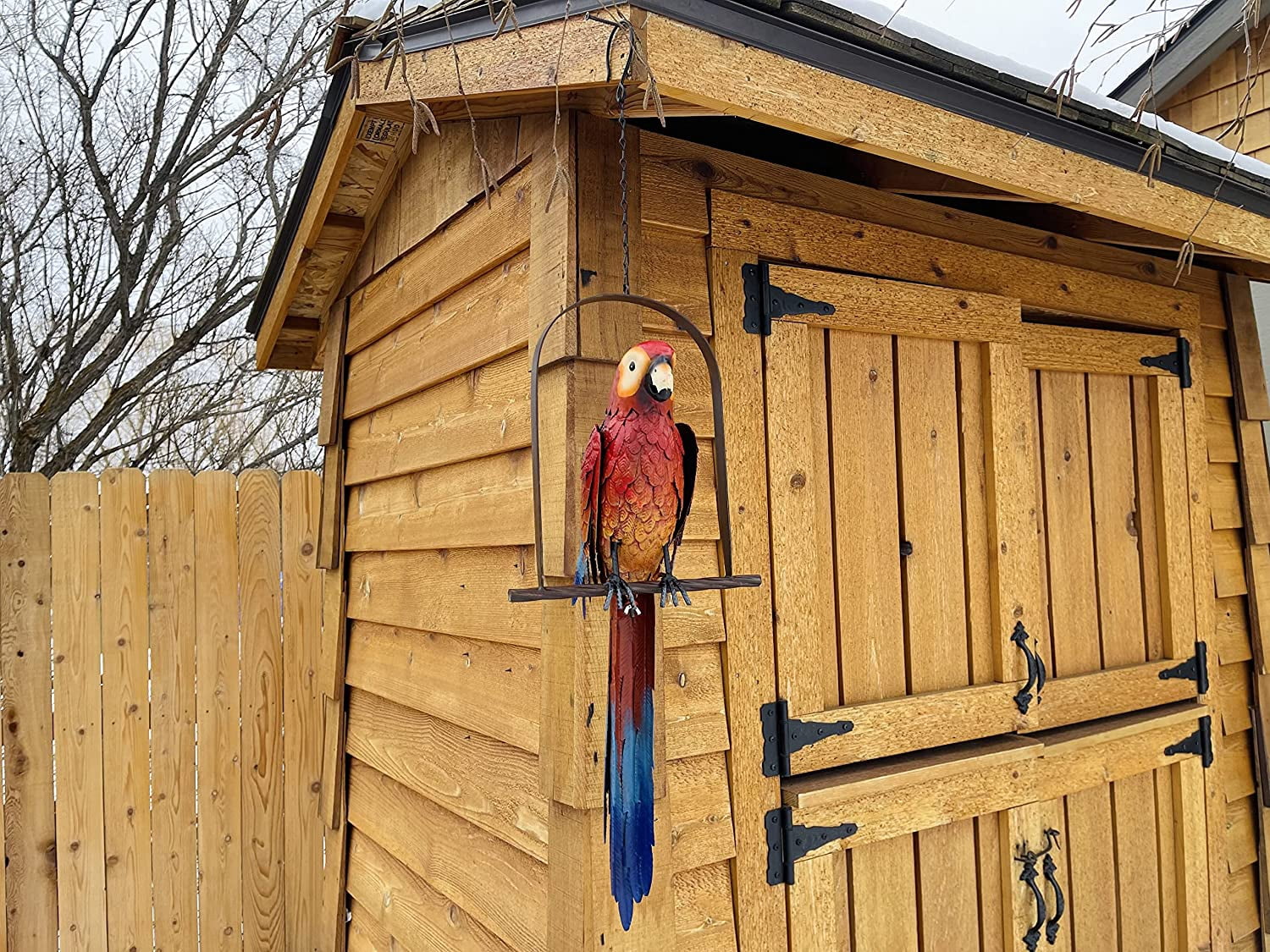 Hanging Whimsical Rustic Metal Swinging Macaw Parrot Tropical Bird On Chain Yard Garden Art