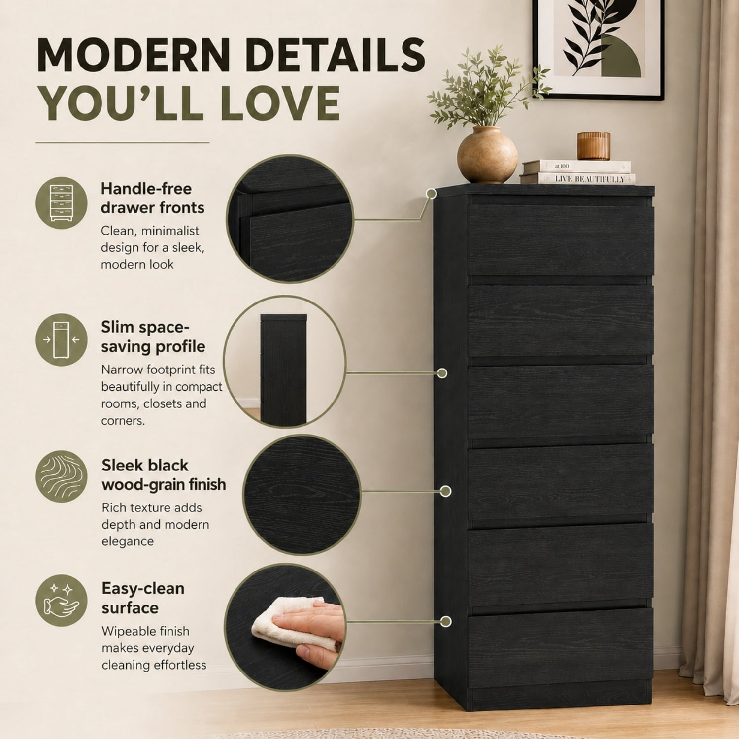 Miniyam 6 Drawer Dresser, Black Tall Dresser Chest of Drawers, Modern Handle-Free Storage Cabinet for Bedroom and Closet