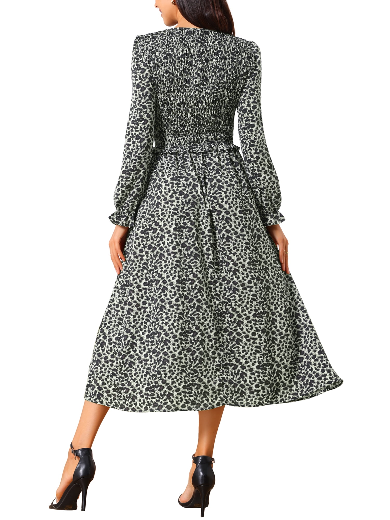 DARING DIVA Women's Leopard Print Long Sleeve Ruffle Tie Dress S Black