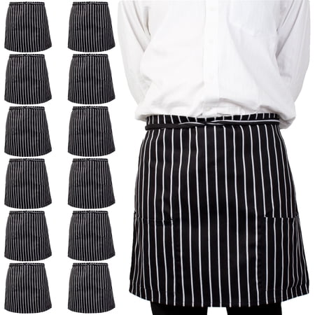 Arkwright Server Half Bistro Aprons (18x30  12-Pack) with Two Patch Pockets  Poly/Cotton Adjustable Apron for Restaurants  Cafes  Hotels  Black with White Chalk Stripes