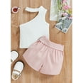 thumbnail image 4 of Gureui Toddler Infant Baby Girls Three Pieces Outfit, Halterneck Oblique Shoulder Sleeveless Vest + Shorts + Waist Belt Clothes Set, 4 of 9