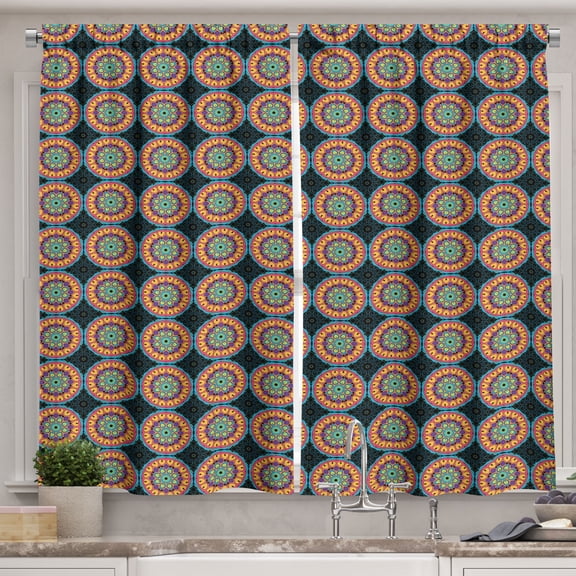 Ambesonne Abstract Kitchen Curtains, Colorful Mandala Motifs, 55"x45", Charcoal Grey and Multicolor