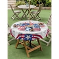 thumbnail image 3 of Outdoor Tablecloth with Umbrella Hole and Zipper, 4th of July Round Table Cloth 54 Inch Waterproof Tablecloth, Red Blue Patriotic Flowers Star Stripes Wooden Picnic Table Cover for Patio Camping, 3 of 7